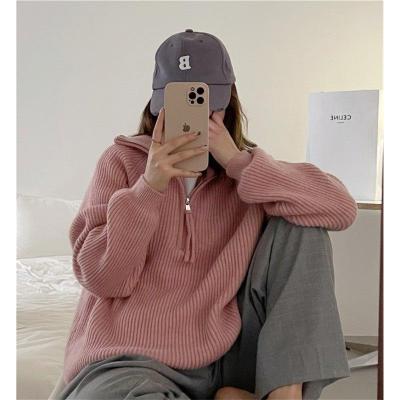 Women’s knitted pullover with zipper, ribbed knit