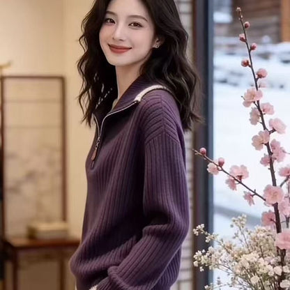 Trendy knitted sweater with stand-up collar
