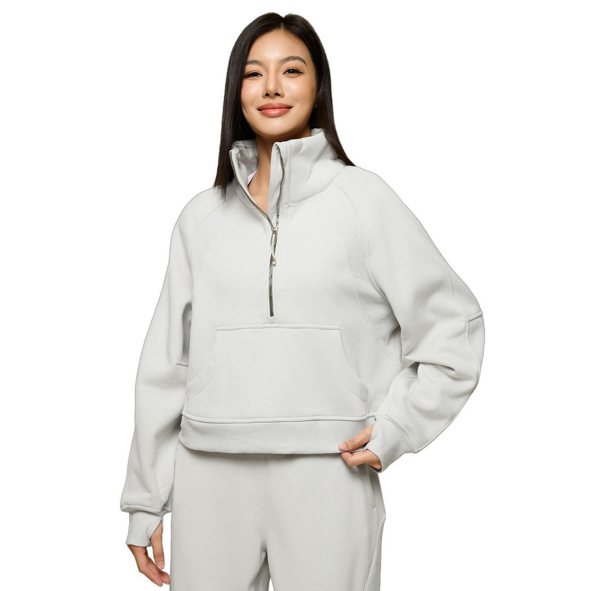 Women's sweatshirt with stand-up collar, zipper, and lining