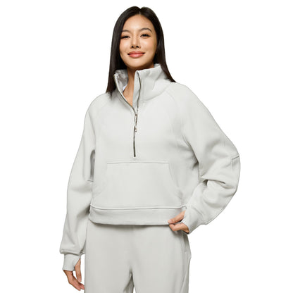 Women's sweatshirt with stand-up collar, zipper, and lining