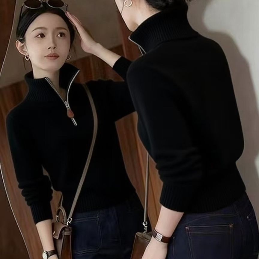 Elegant women's knit sweater with half zipper