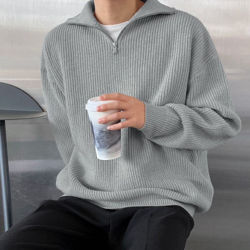 Men's knit sweater with stand-up collar and zipper