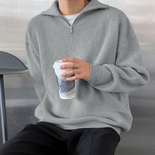 Men's knit sweater with stand-up collar and zipper