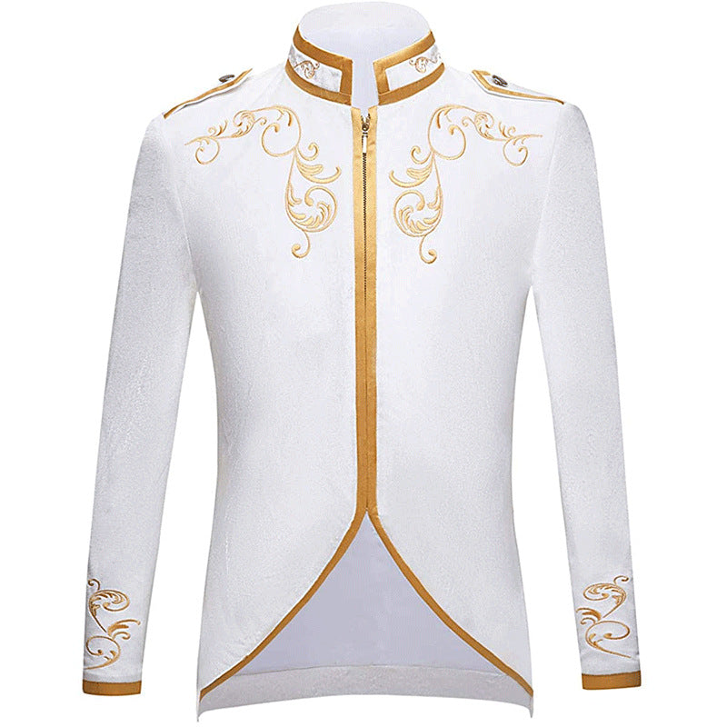 Men's tailored brocade coat in military style with stand-up collar and decorative braids Shop Velvia