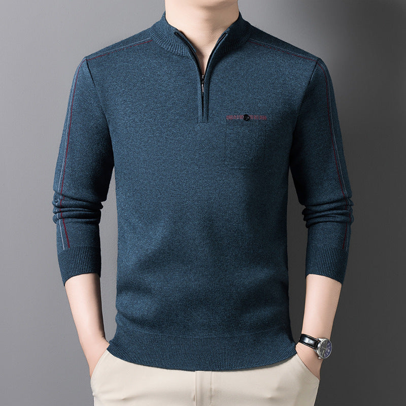 Men's knit sweater with stand-up collar and zipper
