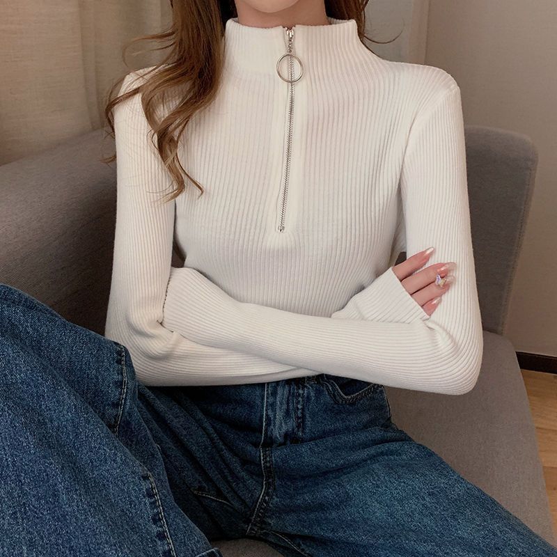 Women's knit sweater with stand-up collar and zipper