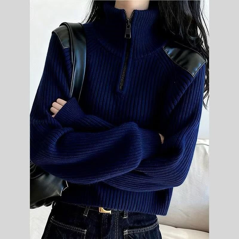 Women's knitted sweater with zipper and stand-up collar