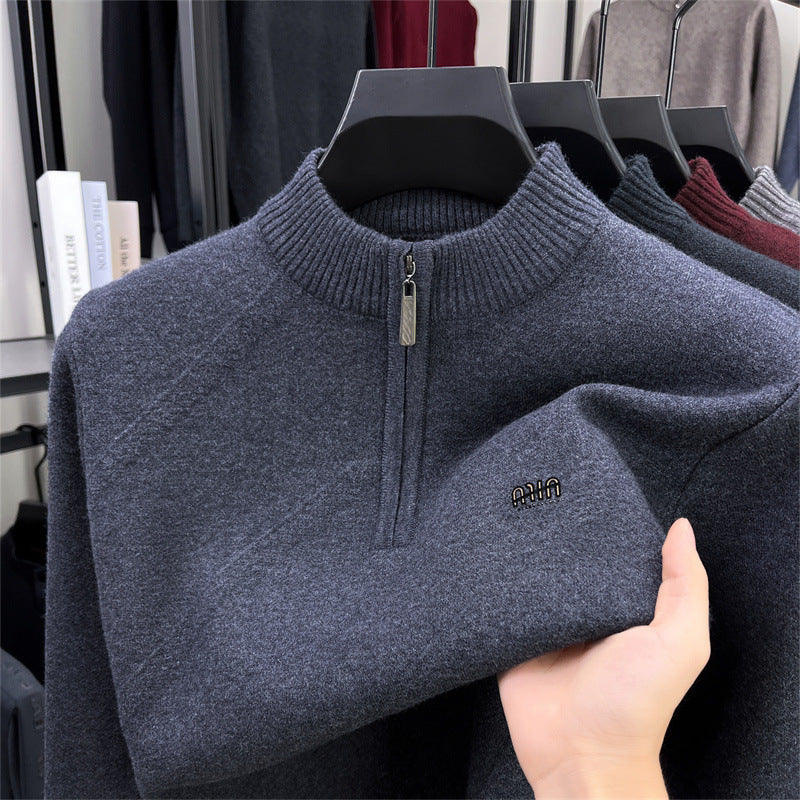 Men's knit sweater with stand-up collar and zipper