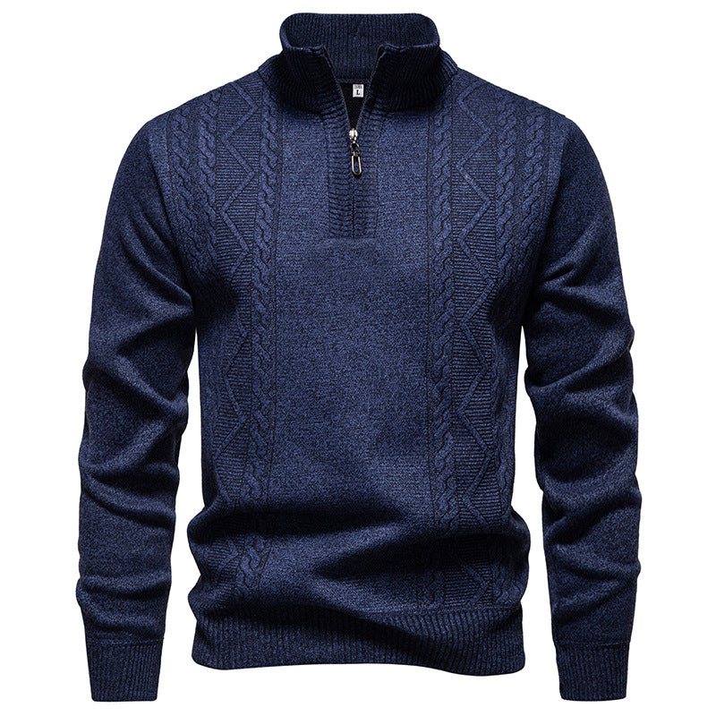 Men's knitted pullover with stand-up collar and half zip