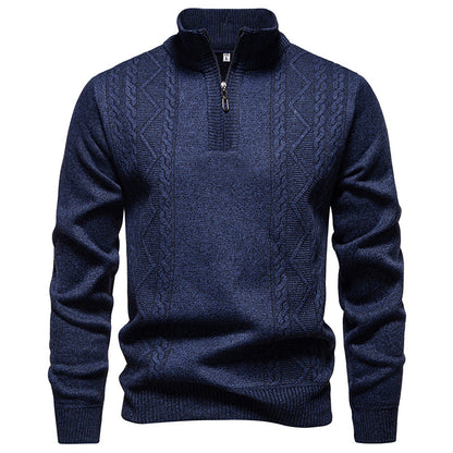 Men's knitted pullover with stand-up collar and half zip