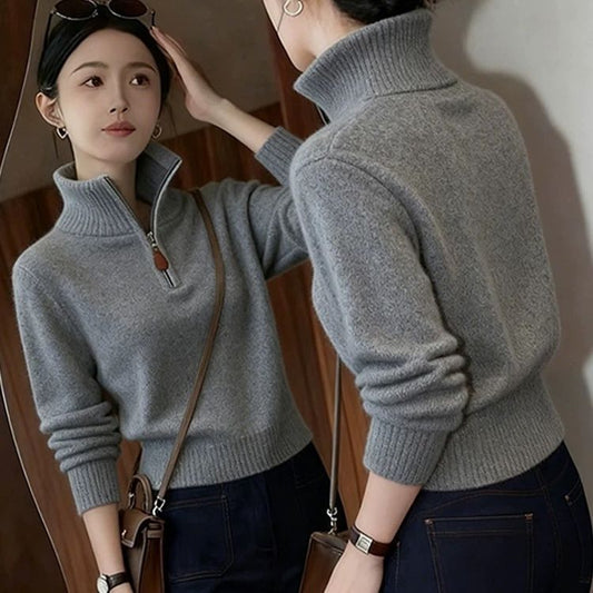 Elegant women's knit sweater with half zipper