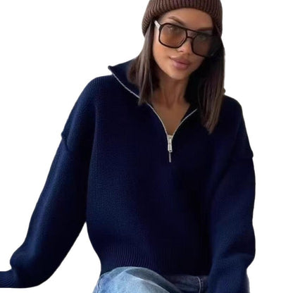 Women's knit sweater with stand-up collar and zipper