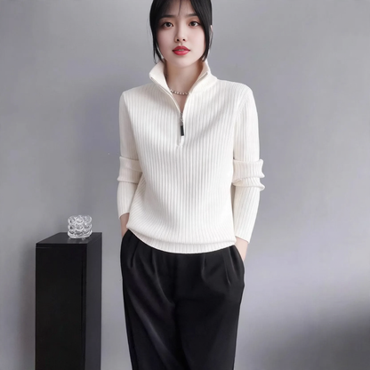 Women's knit sweater with zipper and finger holes