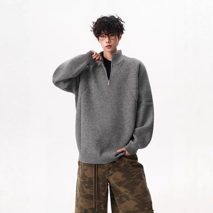 Unisex knitted pullover with stand-up collar and zipper