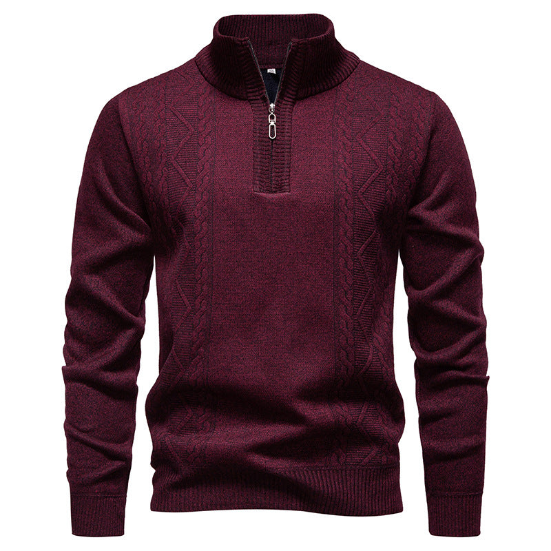 Men's knitted pullover with stand-up collar and half zip