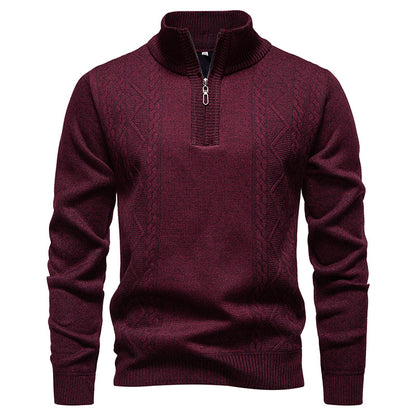 Men's knitted pullover with stand-up collar and half zip