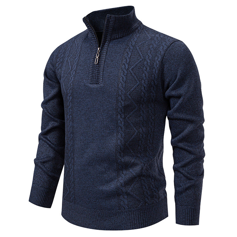 Men's knitted pullover with stand-up collar and half zip