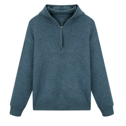 Modern men's knit sweater with hood and zipper