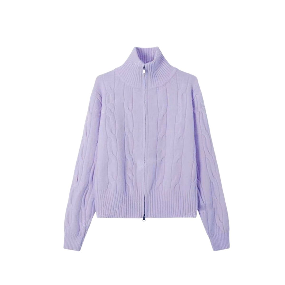 Women's knitted sweater with zipper and stand-up collar