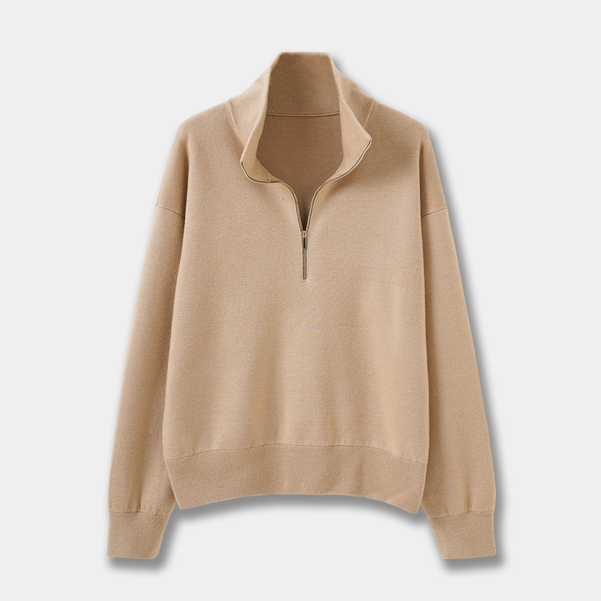Women's knitted sweater with zipper and stand-up collar