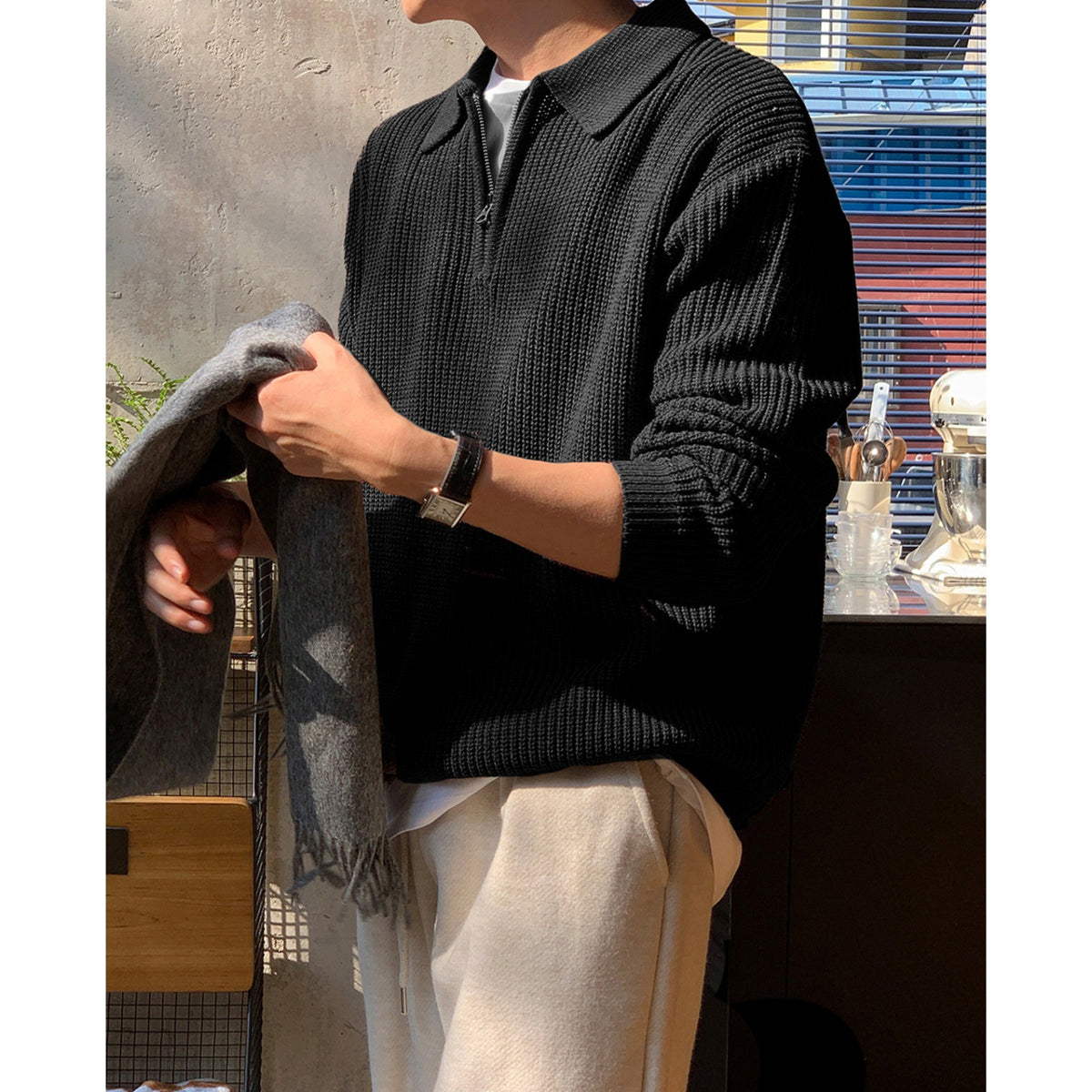 Men's knit sweater with half zip and polo collar
