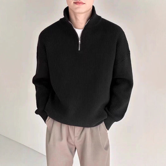Men's knit sweater with stand-up collar and zipper