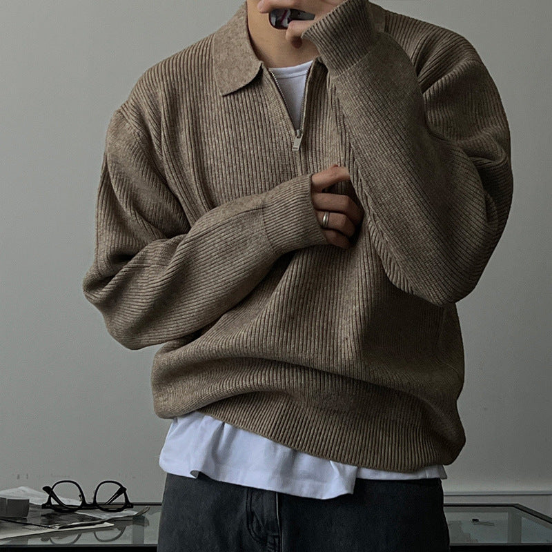 Men's knit sweater with half zip and polo collar