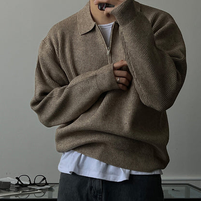 Men's knit sweater with half zip and polo collar