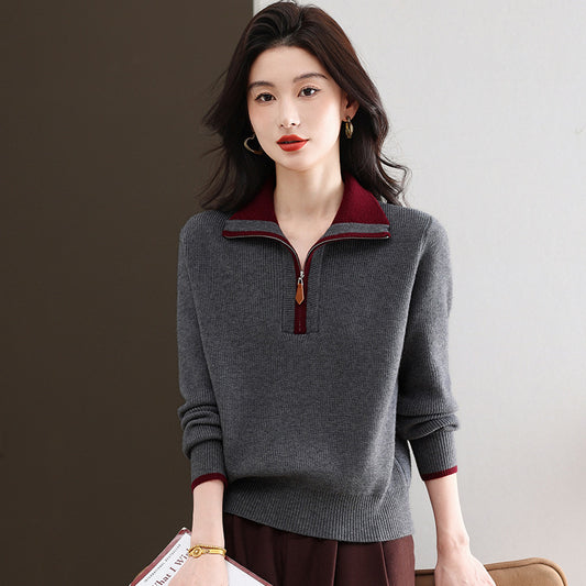 Women's knit pullover with zipper and contrast colors