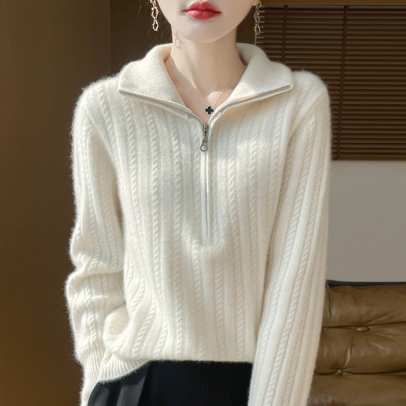 Women's wool sweater with cable pattern and half zipper
