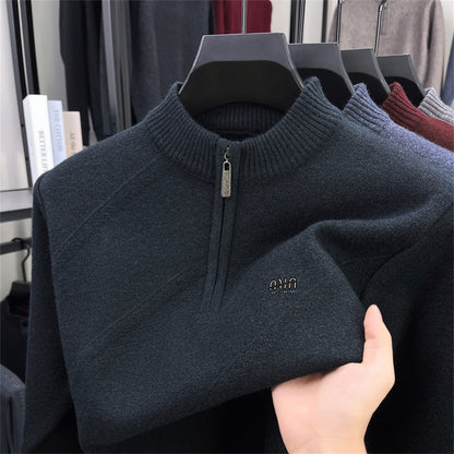 Men's knit sweater with stand-up collar and zipper
