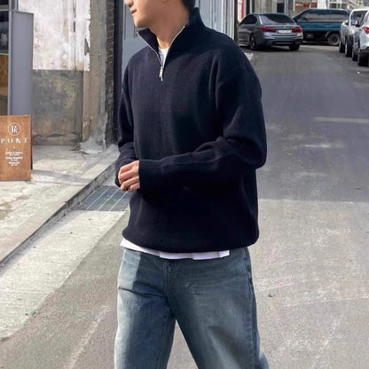 Men's knit sweater with stand-up collar and zipper