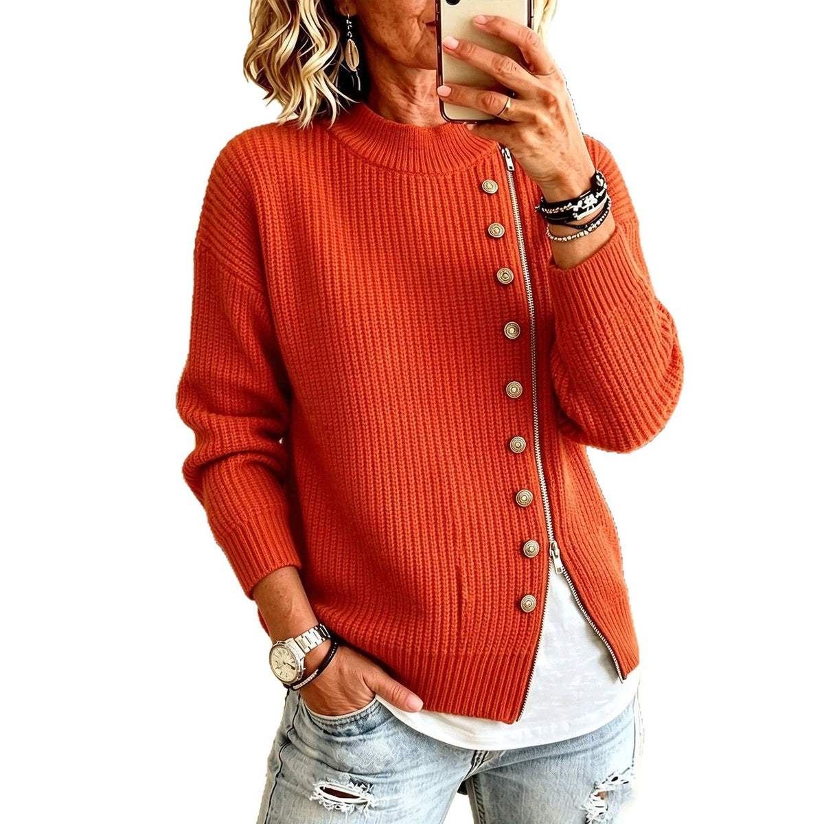 Women’s knit sweater with asymmetrical zipper