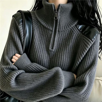 Women's knitted sweater with zipper and stand-up collar