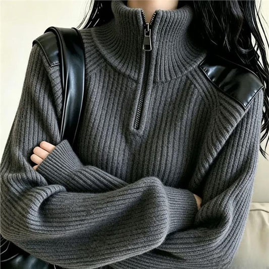 Women's knitted sweater with zipper and stand-up collar