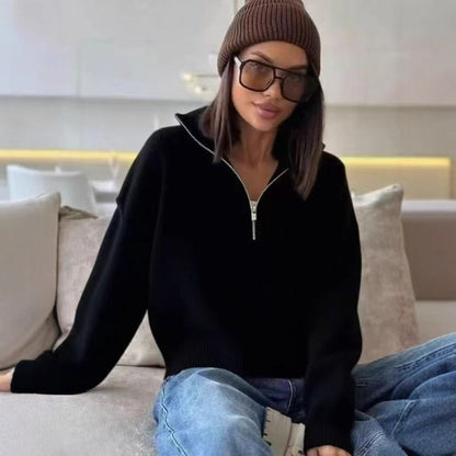 Women's knit sweater with stand-up collar and zipper