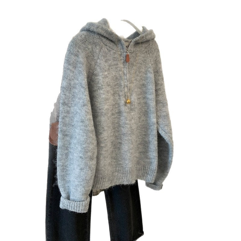 Women's knit hoodie with half zip
