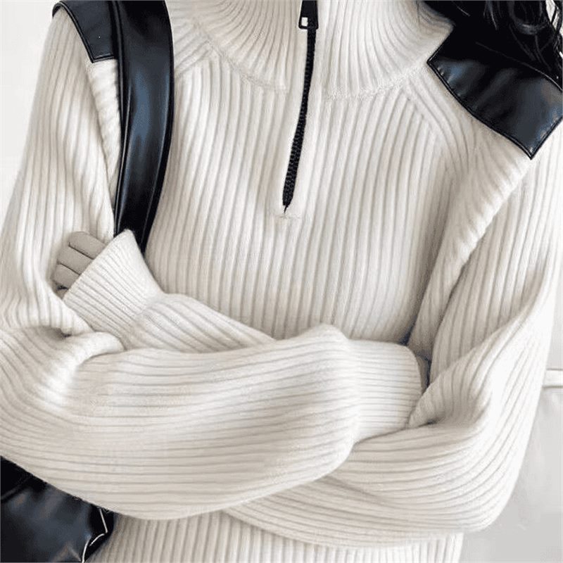 Women's knitted sweater with zipper and stand-up collar