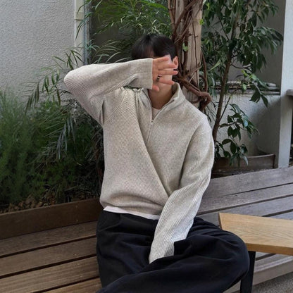 Men's Knit Sweater with Stand-Up Collar and Zipper