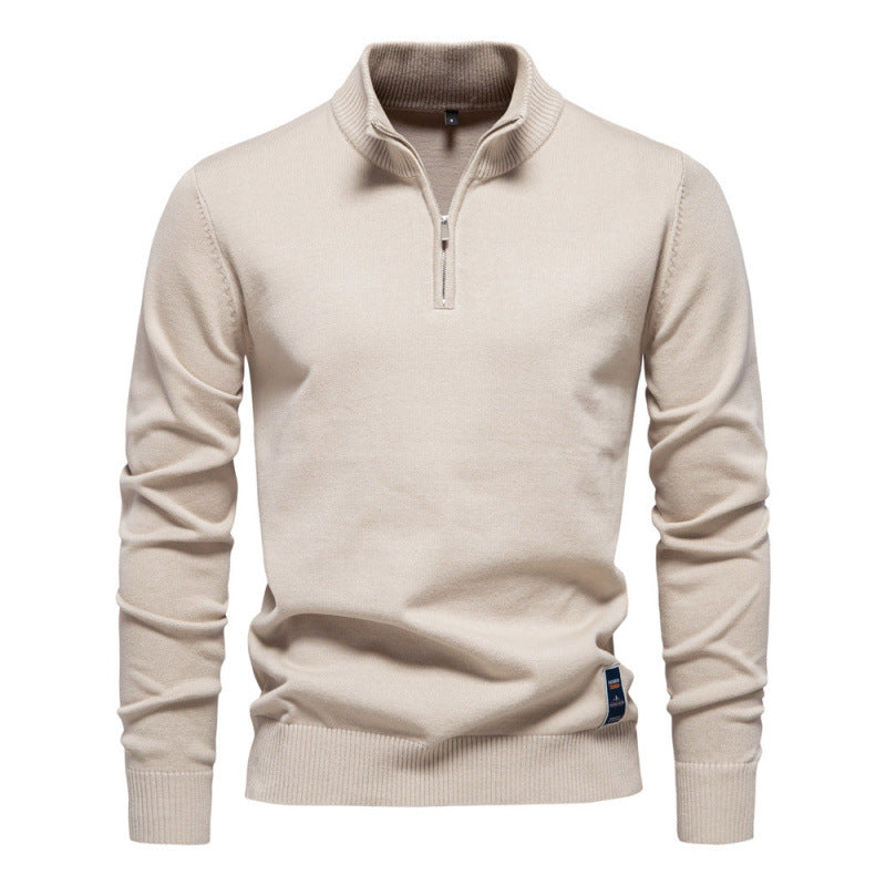 Men's knit sweater with stand-up collar and zipper