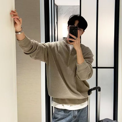 Men's knit sweater with stand-up collar and zipper
