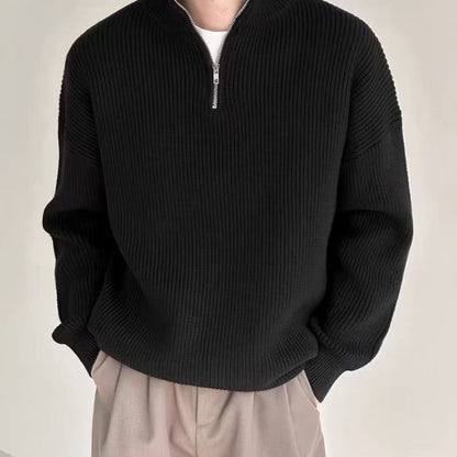 Men's knit sweater with stand-up collar and zipper