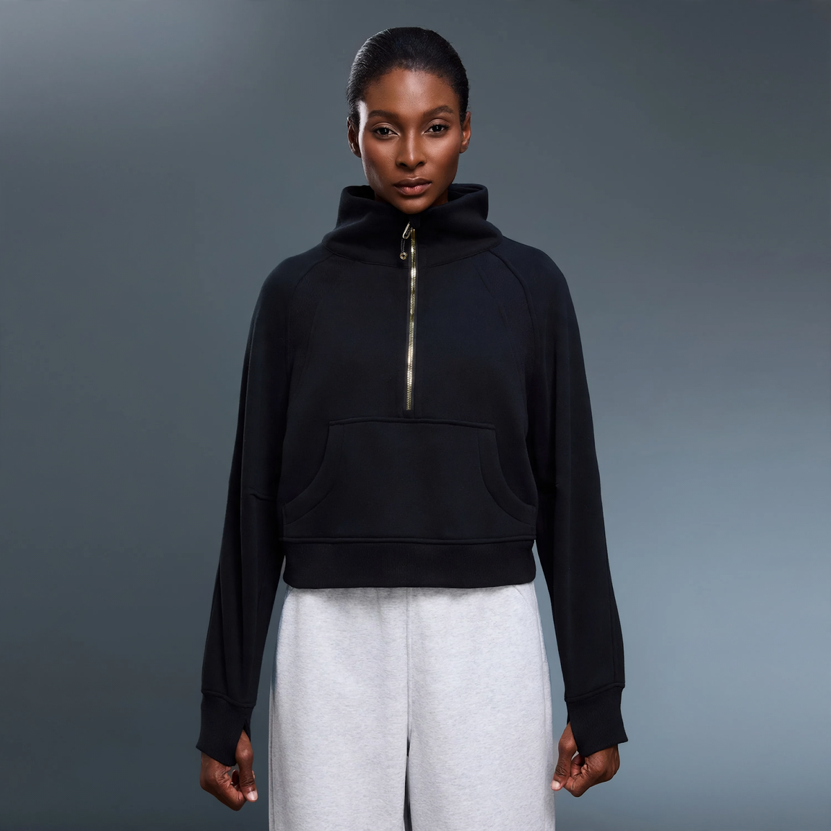 Women's sweatshirt with stand-up collar, zipper, and lining