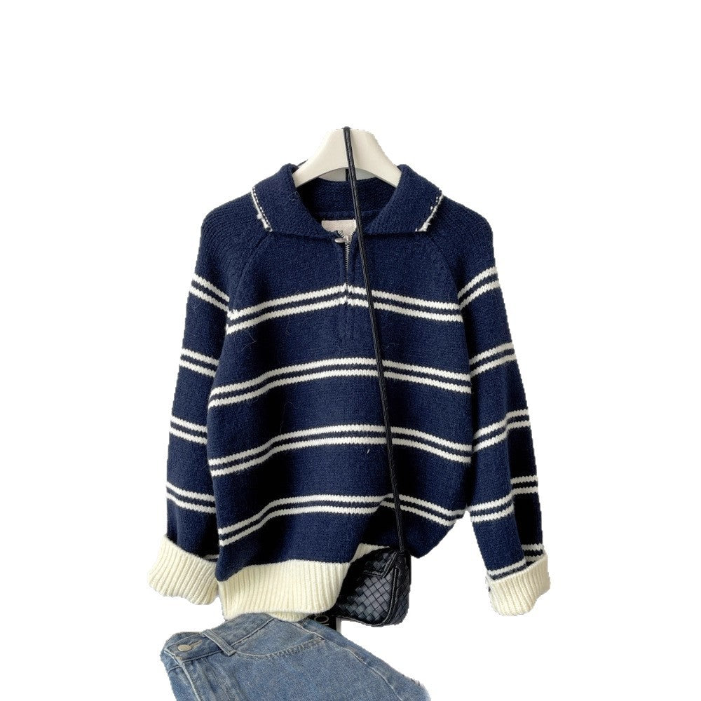 Women's knitted pullover with stripes and zipper