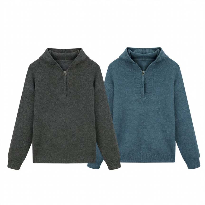 Modern men's knit sweater with hood and zipper