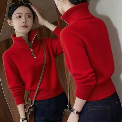Elegant women's knit sweater with half zipper