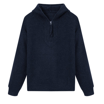 Modern men's knit sweater with hood and zipper