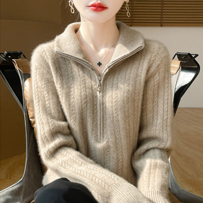 Women's wool sweater with cable pattern and half zipper