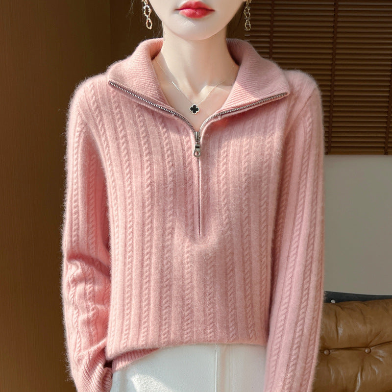 Women's wool sweater with cable pattern and half zipper