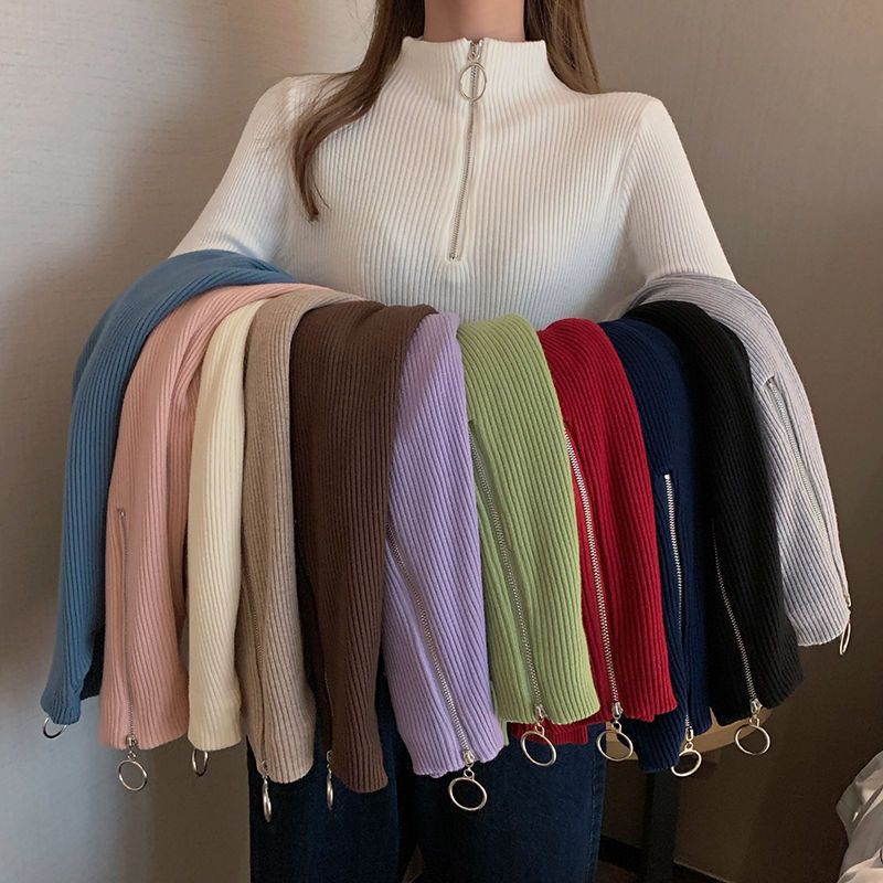 Women's knit sweater with stand-up collar and zipper